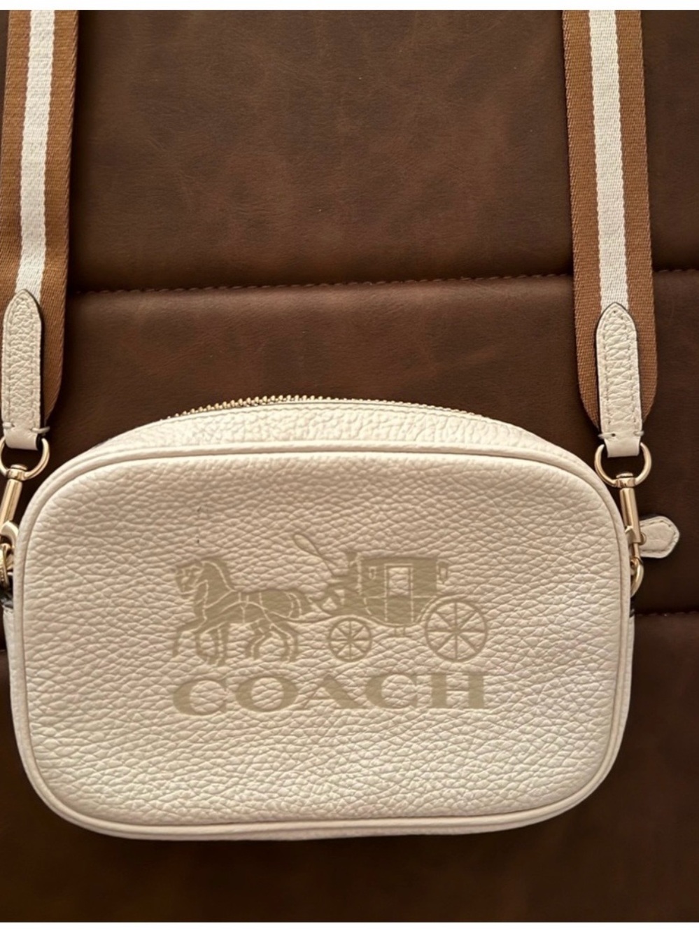 Coach Chalk Pebbled Leather Crossbody with Striped Tan Strap